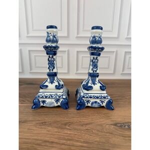 VTG PAIR (2) Blue White Delft Style Chinoiserie Ceramic Candlesticks 7.5"